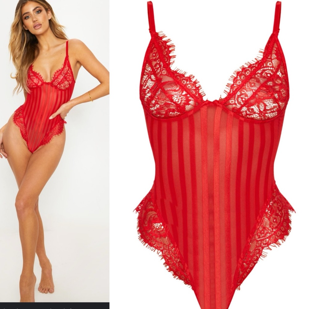 Red V neck Lace Sexy Bodysuit - Picture 7 of 14